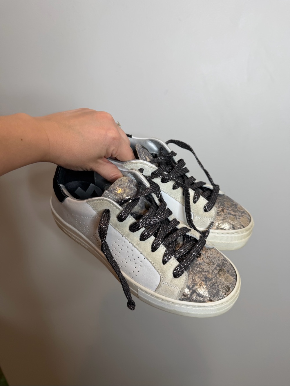 P448 John Sneakers Women 8 EU 38 White Leather Metallic Snake Glitter Italy
